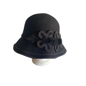Black 100% Wool Cloche Hat Flower Applique